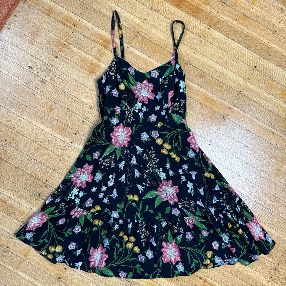 OLD NAVY Floral Print Soft Ruffle Black Dress, Small, Adjustable Straps, midi